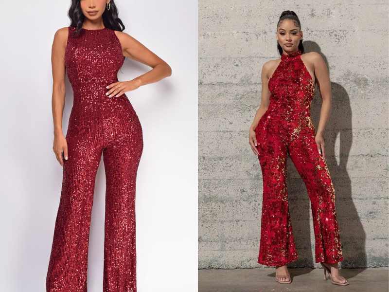 All-Sequined Jumpsuit with a Bold Red Lip