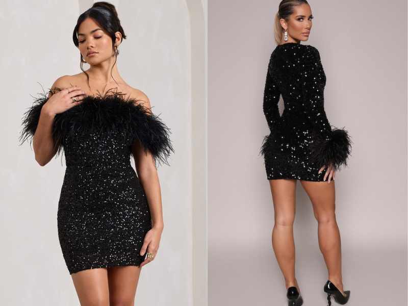 Feathered Mini Dress with Glittering Stilettos