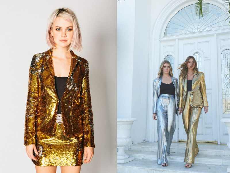 Gold Metallic Suit with a Silk Camisole Underneath.