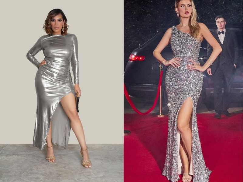 Metallic Gown with a High Slit Paired with Stilettos