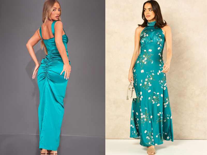 Satin Maxi Dress in Jewel Tones with Open-Toe Heels