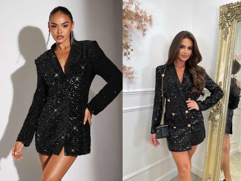 Silver Sequin Blazer Over a Sleek Black Dress