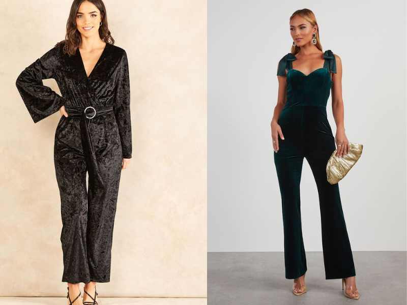 Velvet Jumpsuit with a Plunging Neckline and Metallic Heels.