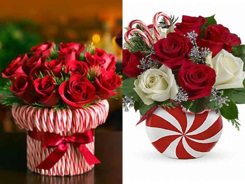 Candy Cane Vase with Red Flowers