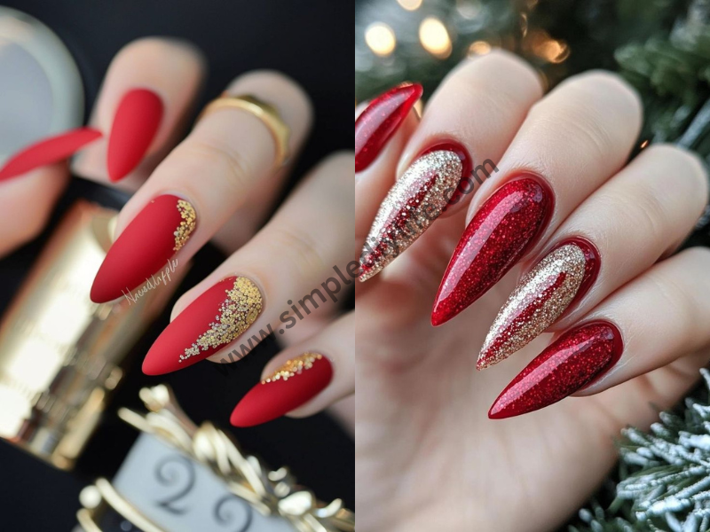 Matte Red with Gold Accent for Christmas nails designs