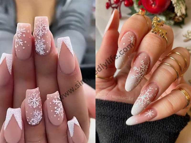 Snowflakes on Nude for Christmas nails designs