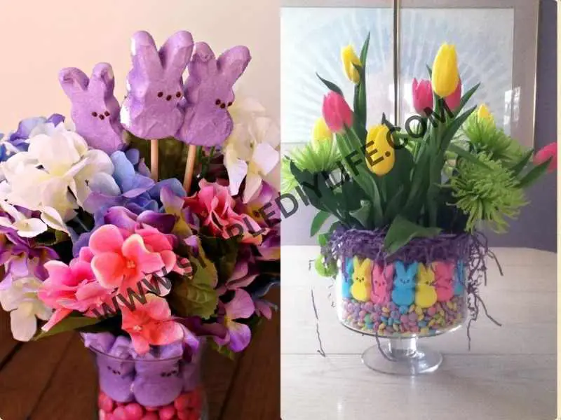 Floral Basket with Peeps in Easter flower arrangement