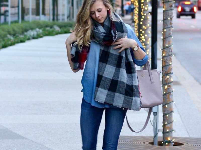 Denim on Denim with a Statement Scarf as winter outfit ideas for women