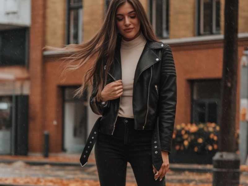 Leather Jacket with a Knit Top and Skinny Jeans