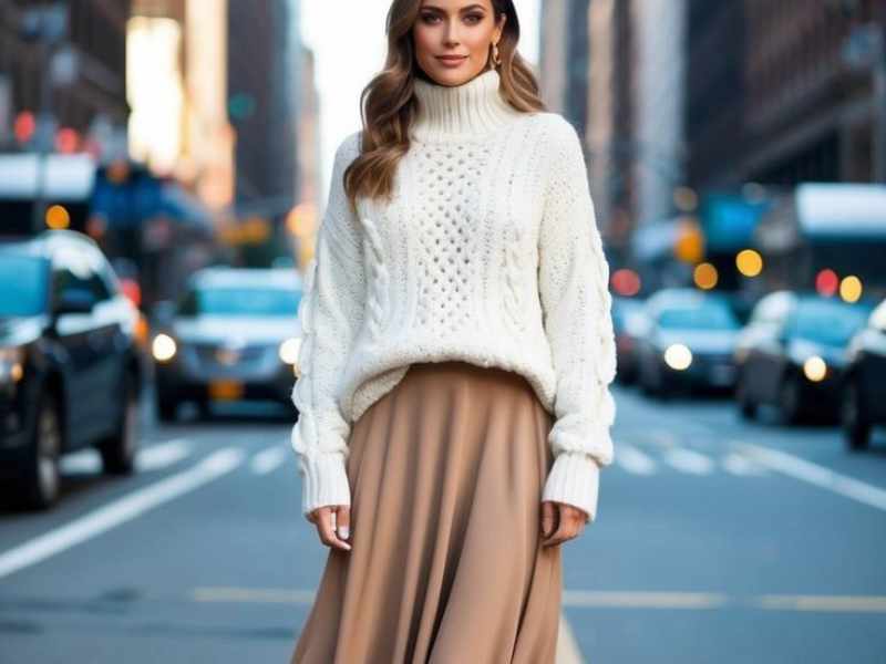 Midi Skirt with a Chunky Sweater