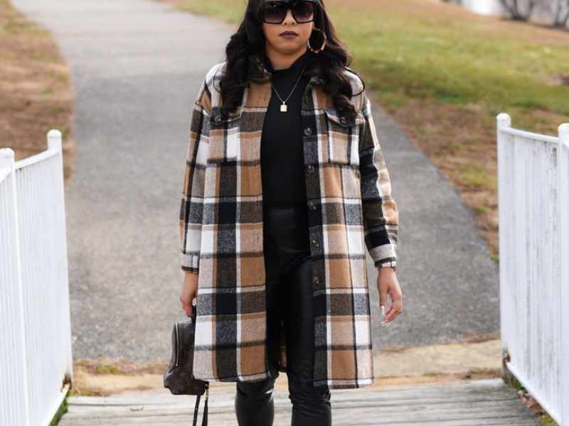 Plaid Shacket with a Basic Tee and Leggings as winter outfit ideas for women